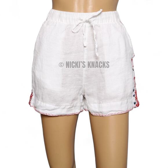Cynthia Rowley 100% Linen Patriotic Embroidered Shorts White Red Blue Size S - Picture 3 of 12